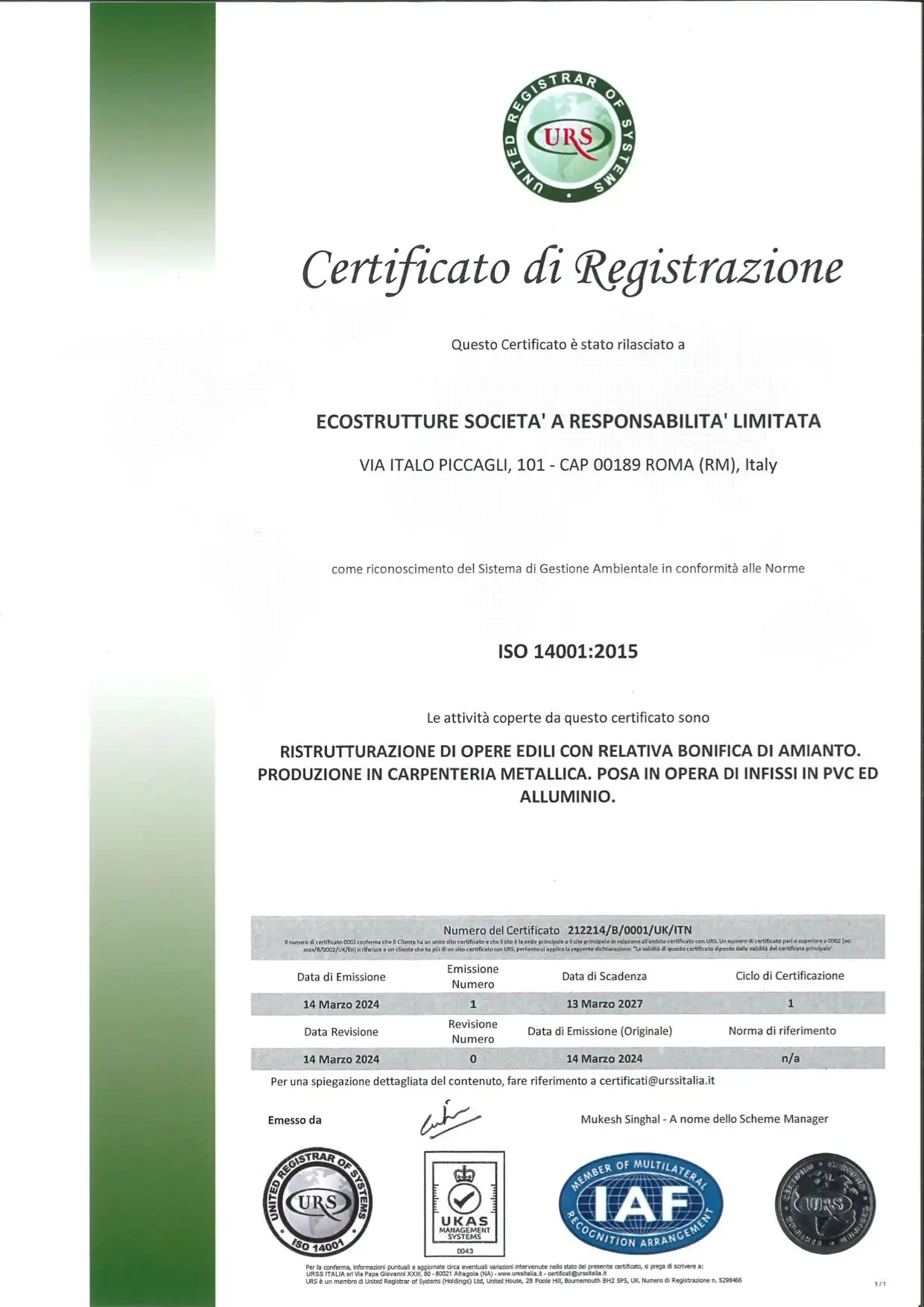 Certificazione ISO 14001 di Ecostrutture S.r.l.