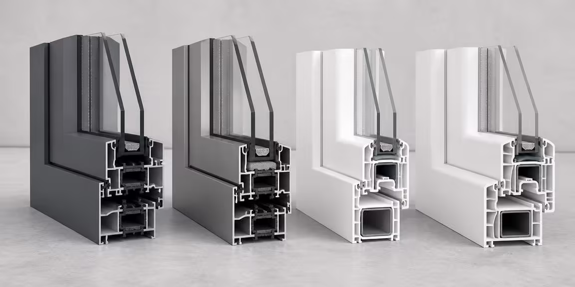 Sezioni di profili per infissi in alluminio e PVC su fondo di cemento chiaro