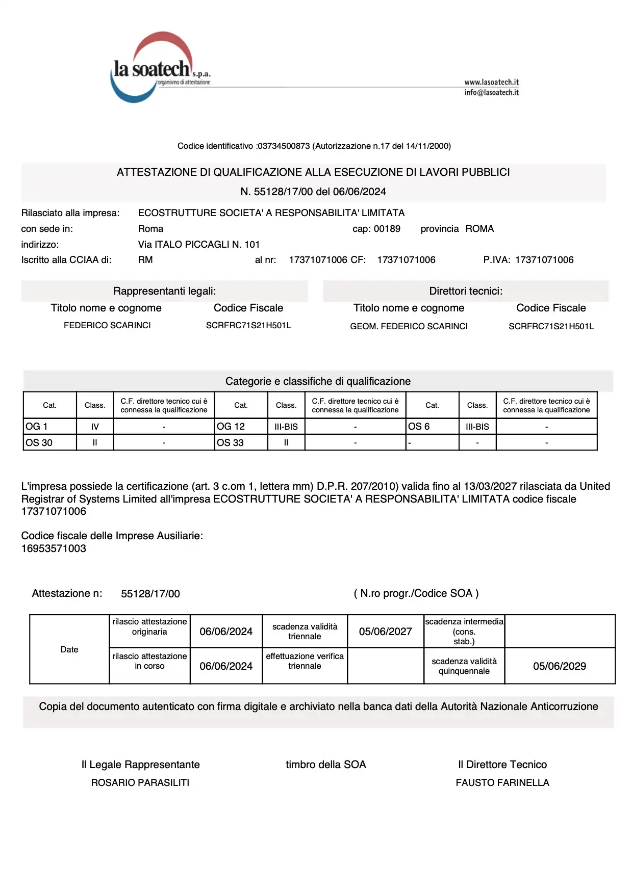 Certificazione Attestazione SOA di Ecostrutture S.r.l.