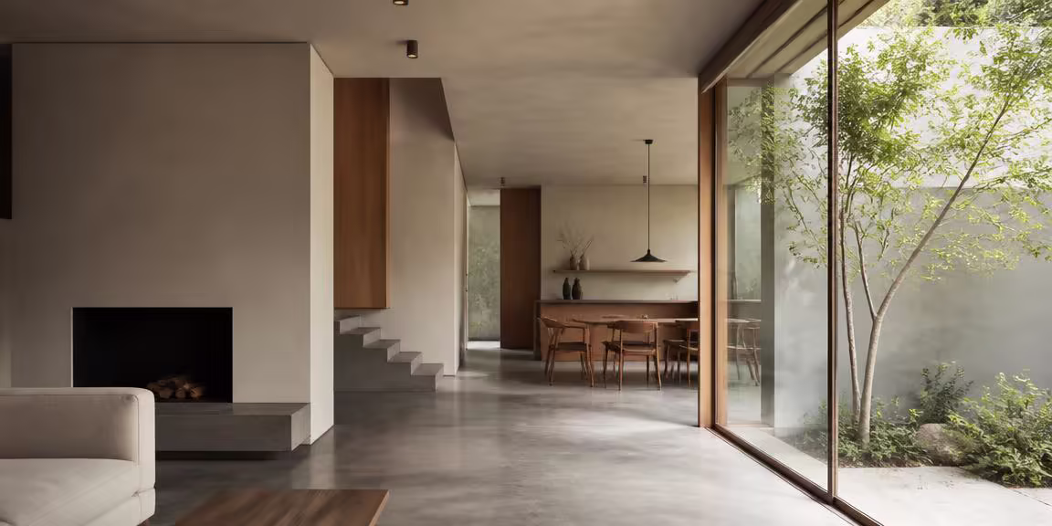 Interno ristrutturato con grande vetrata e pavimento in cemento levigato