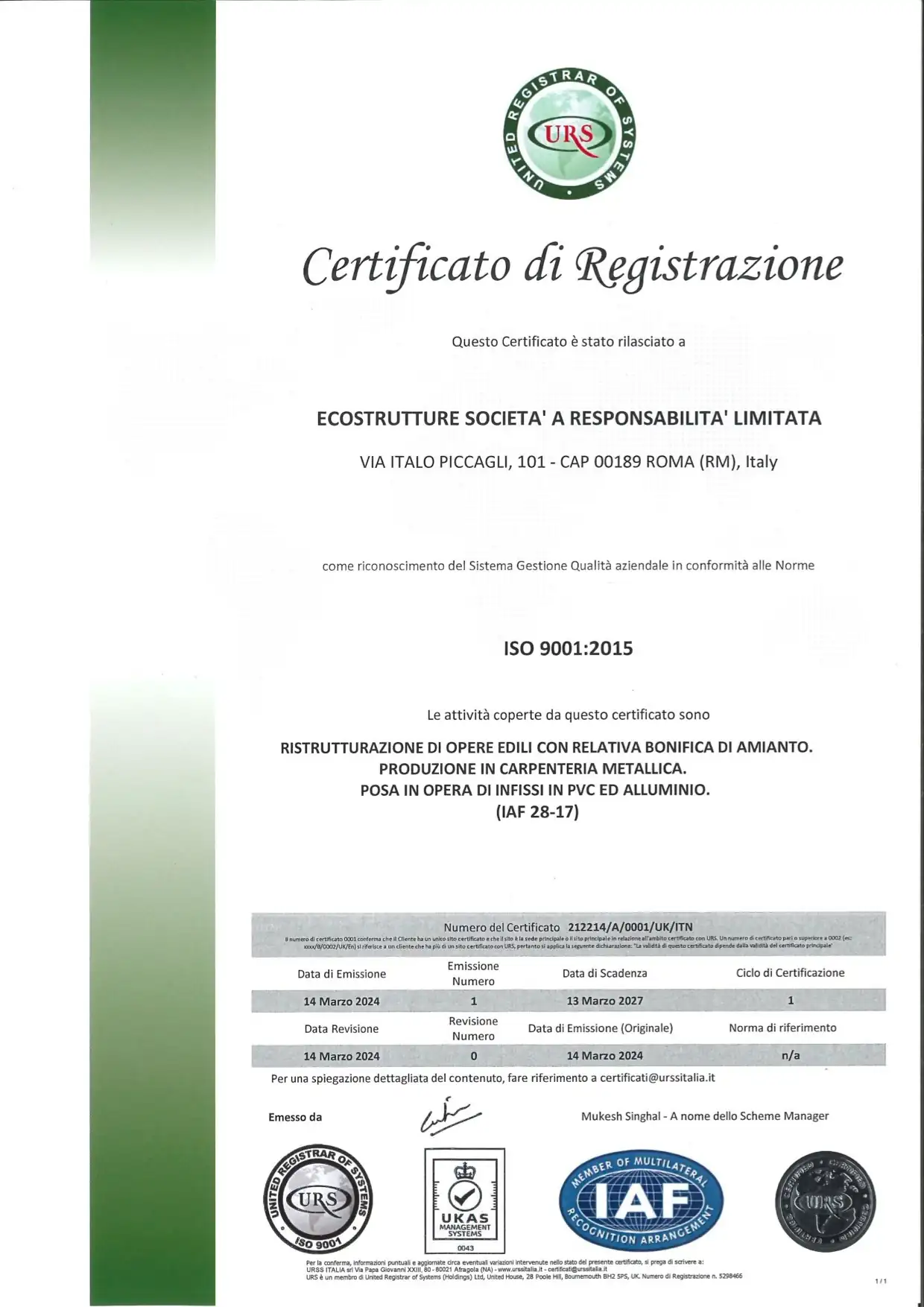 Certificazione ISO 9001 di Ecostrutture S.r.l.