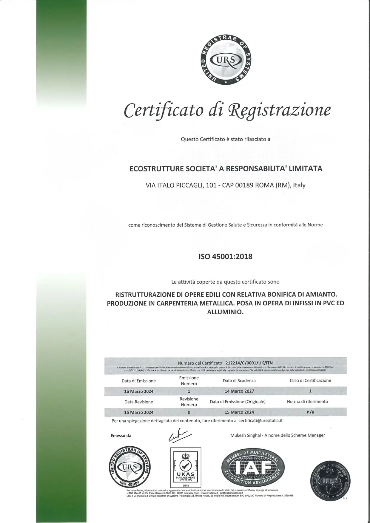 Certificazione ISO 45001 di Ecostrutture S.r.l.